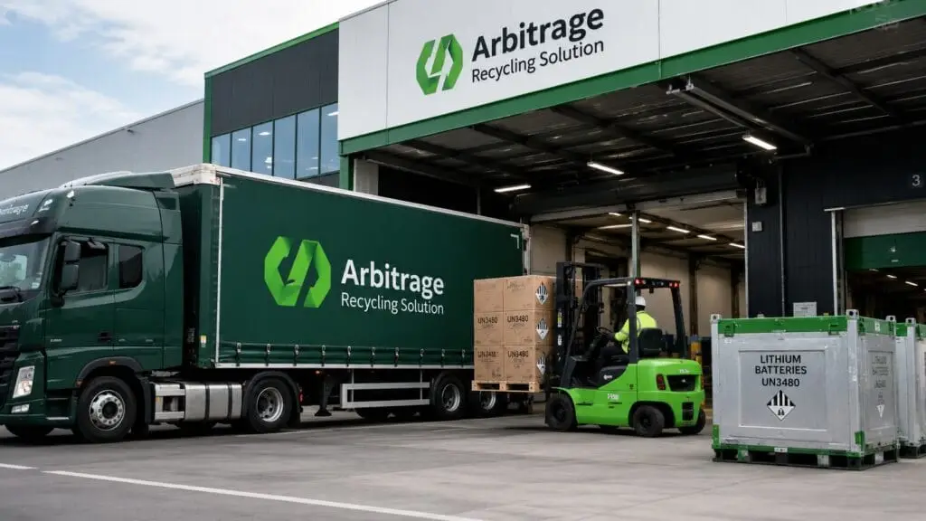 Batterie- und Recyclinglogistik vor der Lagerhalle